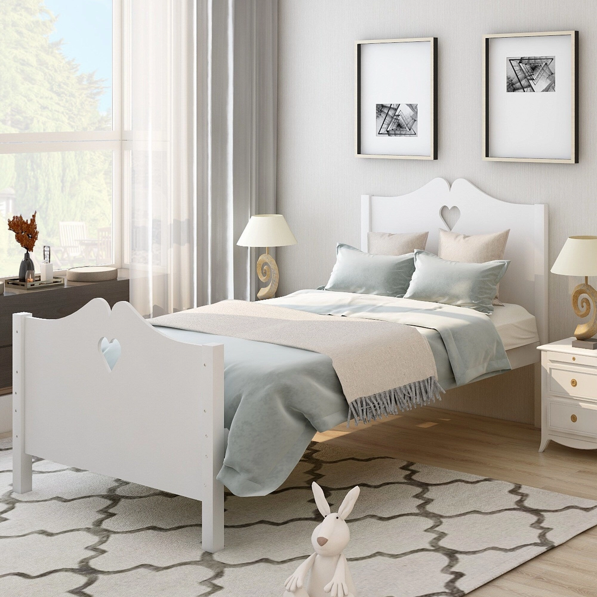 Twin Platform Bed with Wood Slat Support and Headboard and Footboard. White