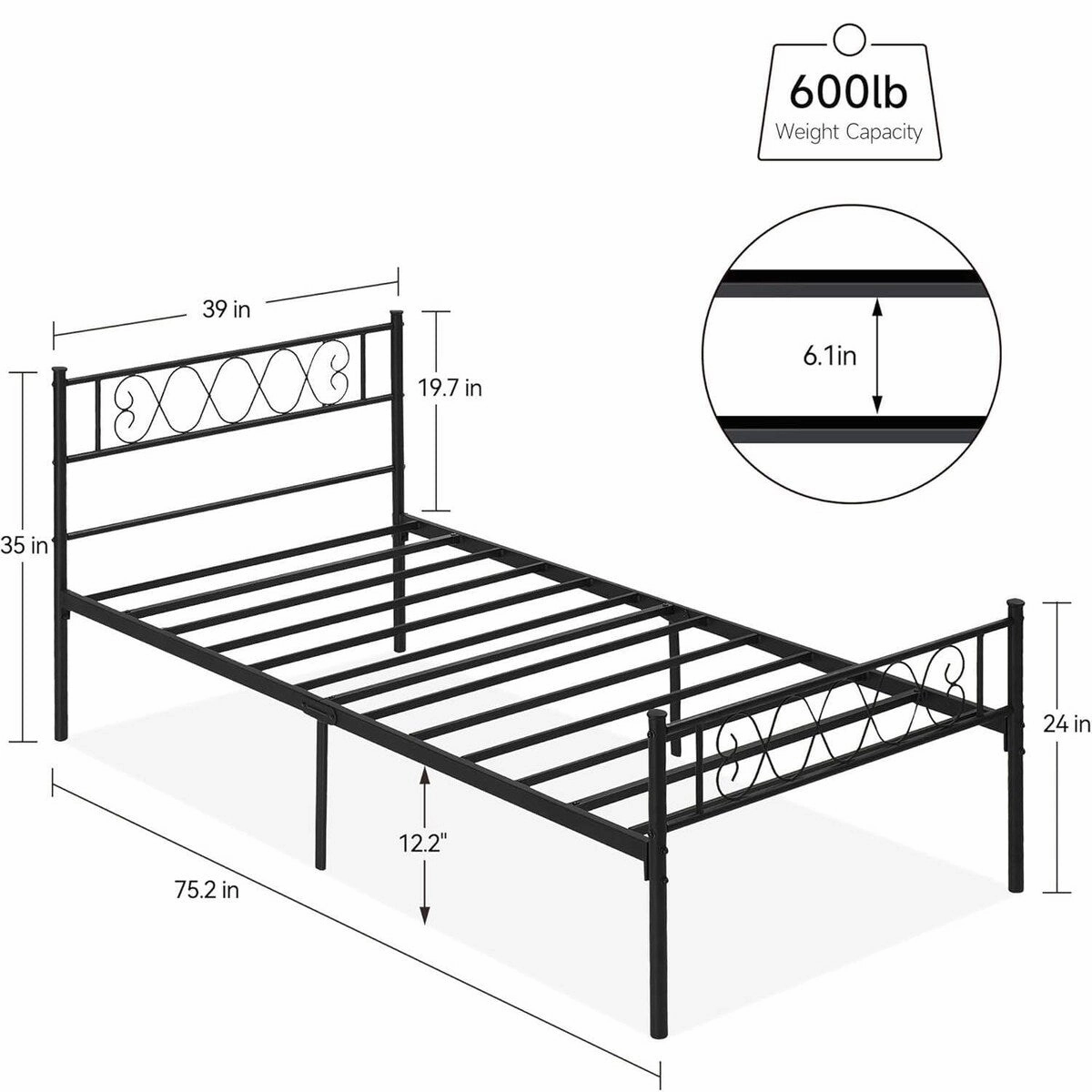 Twin Size Metal Platform Bed Frame with Headboard