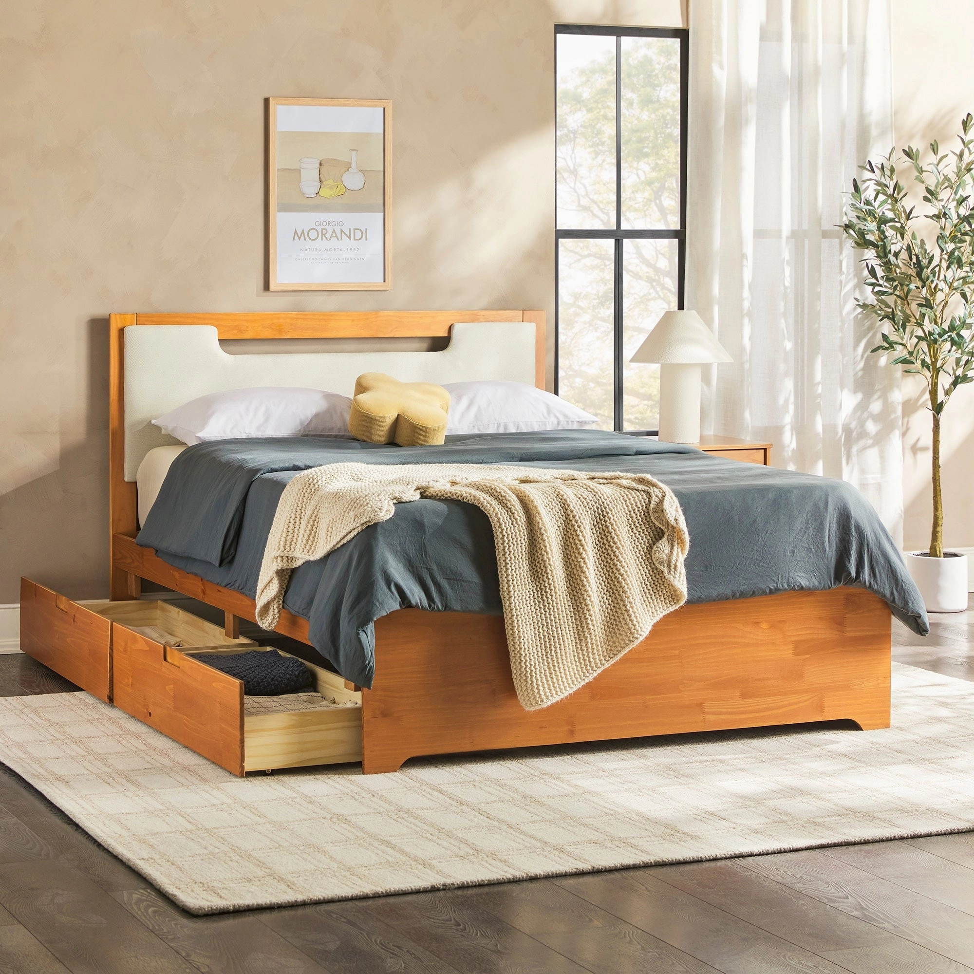 Walker Edison Mid Century Modern Solid Wood Storage Platform Bed